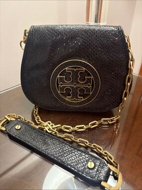 Tory Burch Black Pebbled Leather Logo Chain Crossbody